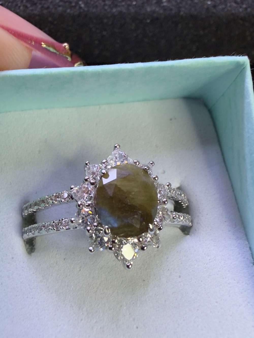 Rhodium Plated with Smokey Quartz Oval Center Stone and Halo 💎